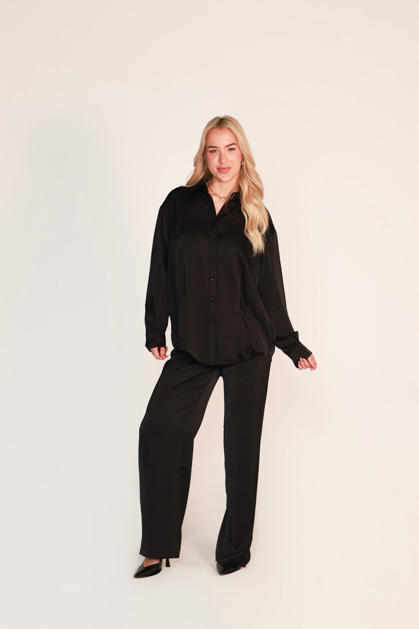 Satijnen overhemd blouse met broek - ZWART